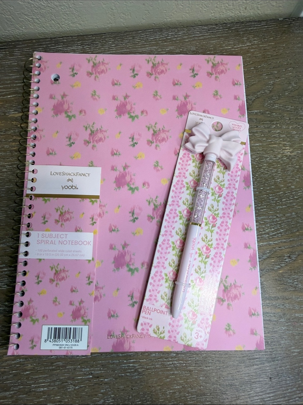 LoveShackFancy Pink Floral Spiral Notebook and Bow Pen.